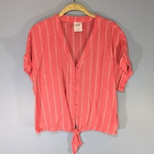 Gap Coral Striped Tie Front Linen Top